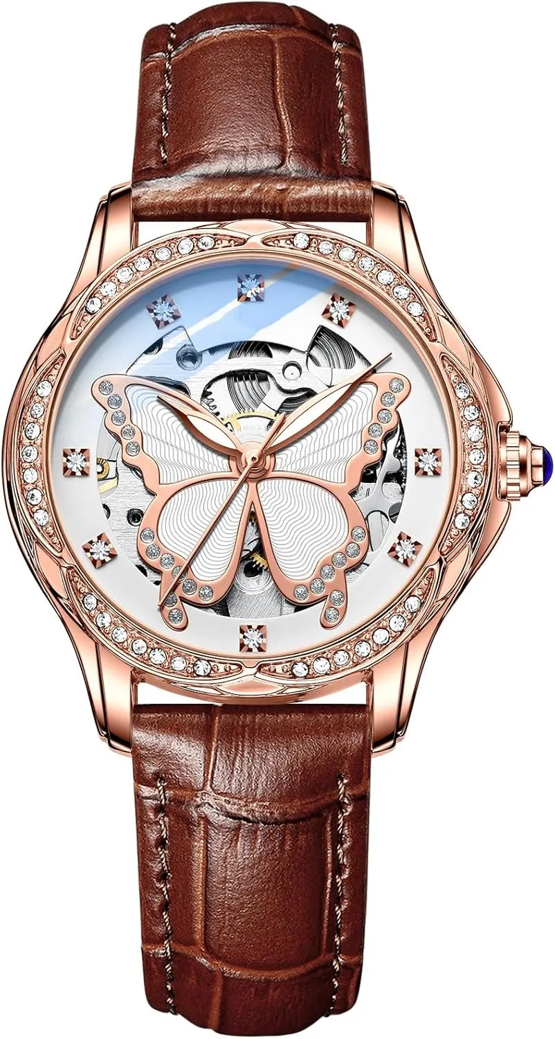 Ladies Mechanical Wrist Watches Luxury Skeleton Dial Butterfly Diamond No Battery Watch for Women BESTKANG rainforest genuinely mediate rekindle aloof unfavorably Women's Automatic Watches for Women 