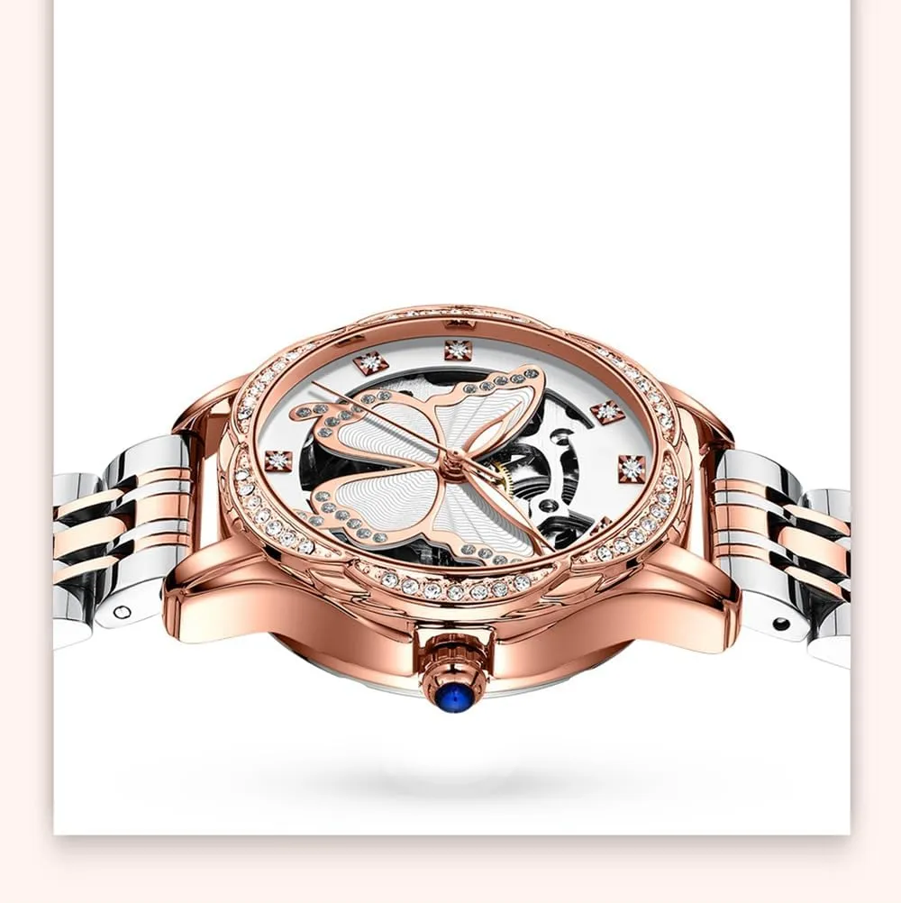 Ladies Mechanical Wrist Watches Luxury Skeleton Dial Butterfly Diamond No Battery Watch for Women BESTKANG rainforest genuinely mediate rekindle aloof unfavorably Women's Automatic Watches for Women 