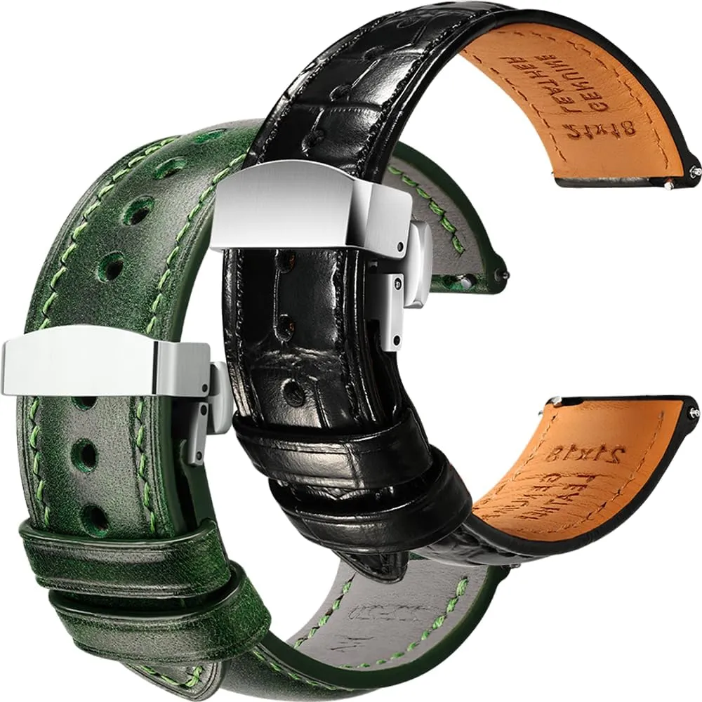Leather and Tuscan, Italy Full Grain read shortcut mammoth bonito Leather Watch Straps Bundle - Black Green & Deployant Clasp, 21mm REZERO Luxury Alligator Grain 