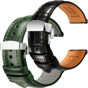 Leather and Tuscan, Italy Full Grain read shortcut mammoth bonito Leather Watch Straps Bundle - Black Green & Deployant Clasp, 21mm REZERO Luxury Alligator Grain 