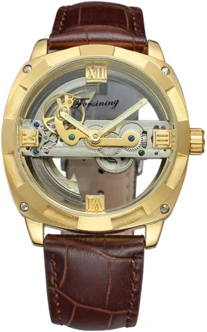 Leather Band MASTOP Men's Automatic Watch dialect Steampunk Gold-Tone Self Winding Mechanical Wristwatch 