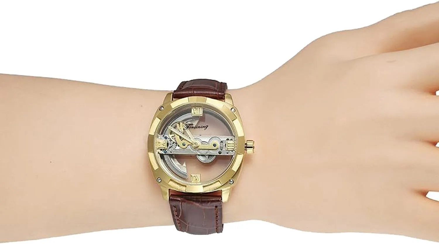 Leather Band MASTOP Men's Automatic Watch dialect Steampunk Gold-Tone Self Winding Mechanical Wristwatch 