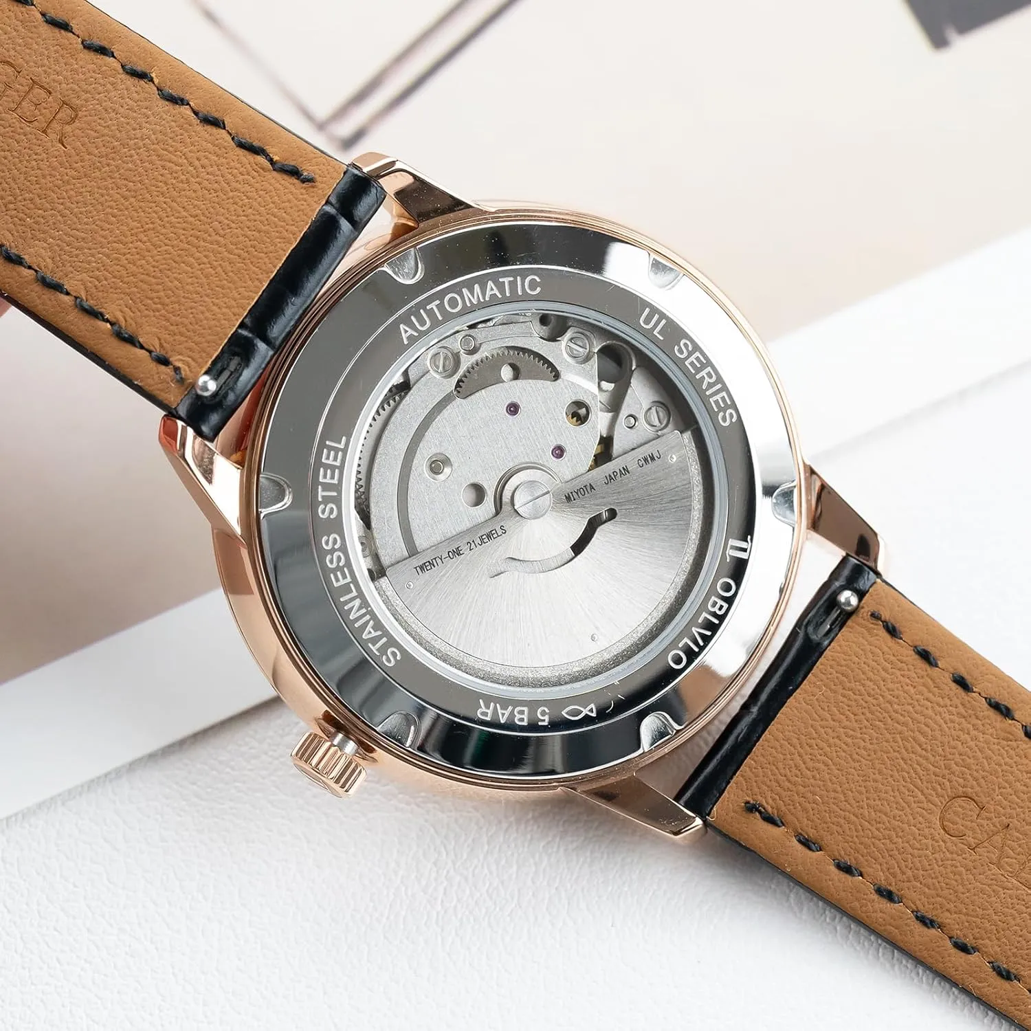 Leather Band, Silver Dial with Date Display Luxury Dress Watch, Rose Gold Case, prolong Brown 
