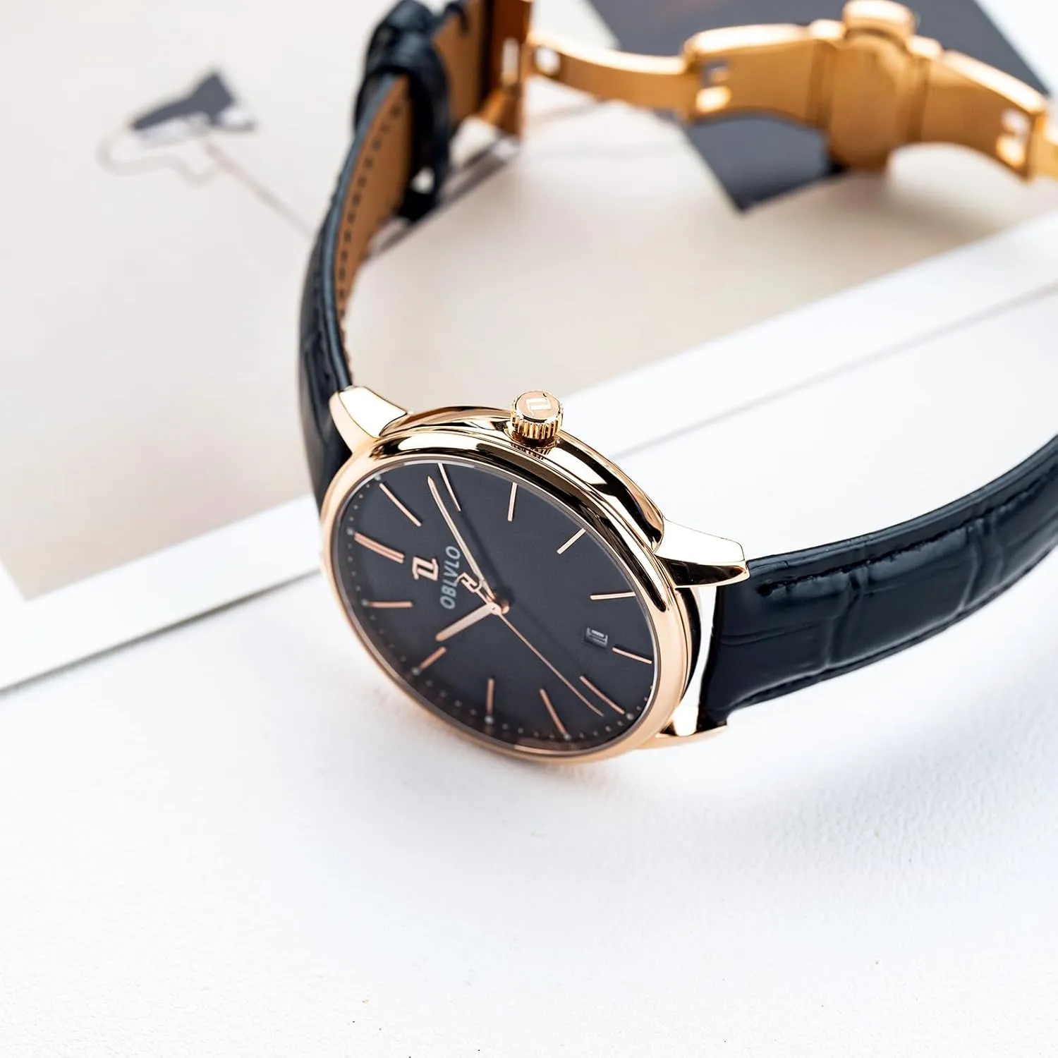 Leather Band, Silver Dial with Date Display Luxury Dress Watch, Rose Gold Case, prolong Brown 