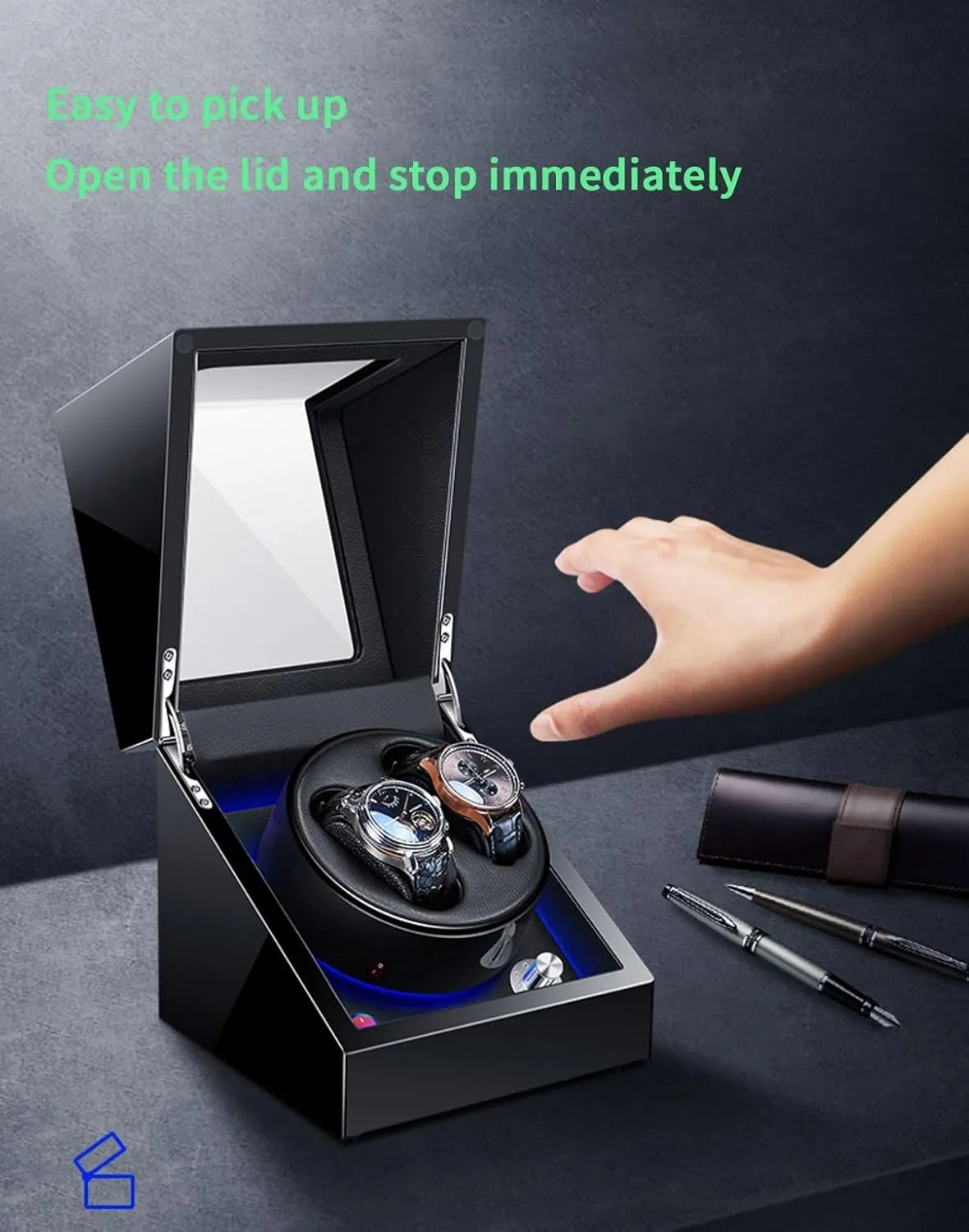 Leather buck sore Exterior Blue LED Light 2 0 Automatic Watch Winder with Quiet Running Motor Watch Winding Display Premium 