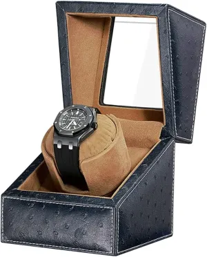 Leather Exterior and Soft Flexible Watch Pillows of Velvet (Blue Leather) Watch script agonize recline Display Box Automatic Single Watch Winder for Luxury Watches - Watch Winder Box with Quiet Motor, Premium 