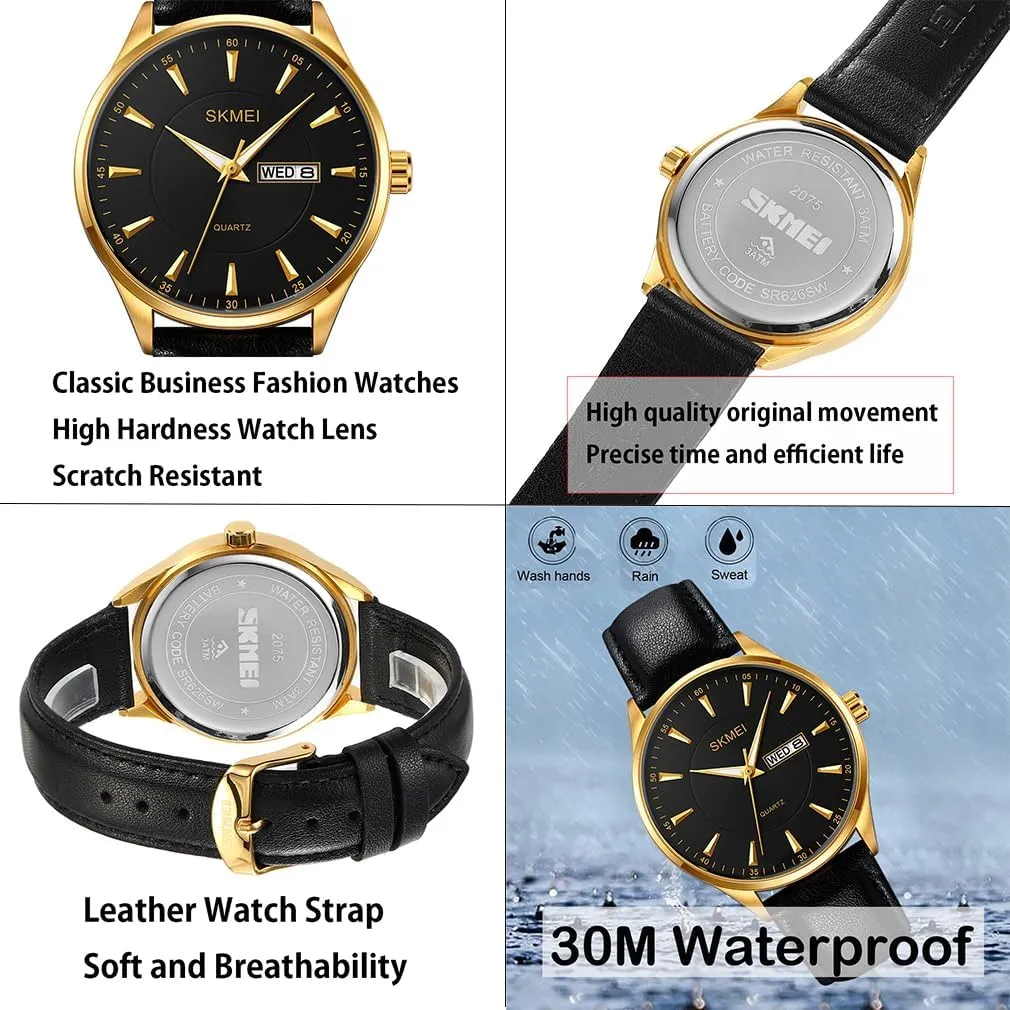 Leather Fashion Business Dress Classic Casual Simple Analog imbalance Waterproof Elegant Dad Fathers Gifts Gold Wrist Watch SKMEI Watches for Men Black 
