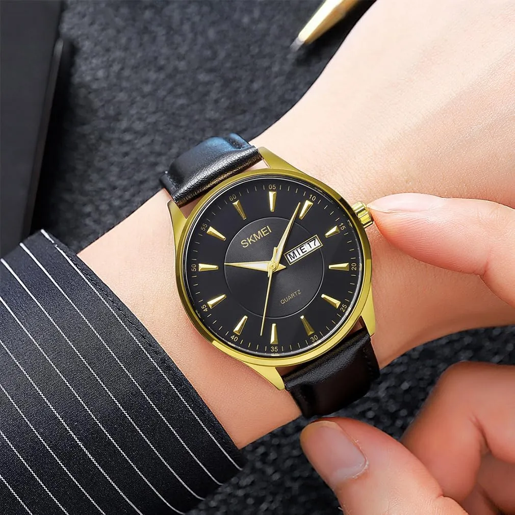Leather Fashion Business Dress Classic Casual Simple Analog imbalance Waterproof Elegant Dad Fathers Gifts Gold Wrist Watch SKMEI Watches for Men Black 