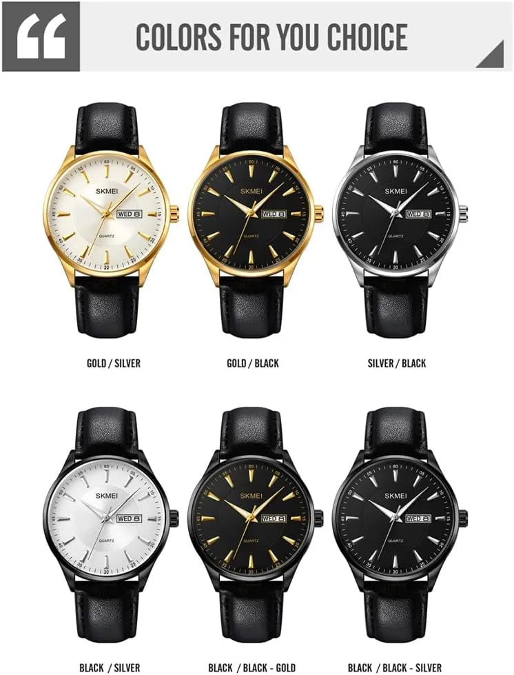 Leather Fashion Business Dress Classic Casual Simple Analog imbalance Waterproof Elegant Dad Fathers Gifts Gold Wrist Watch SKMEI Watches for Men Black 