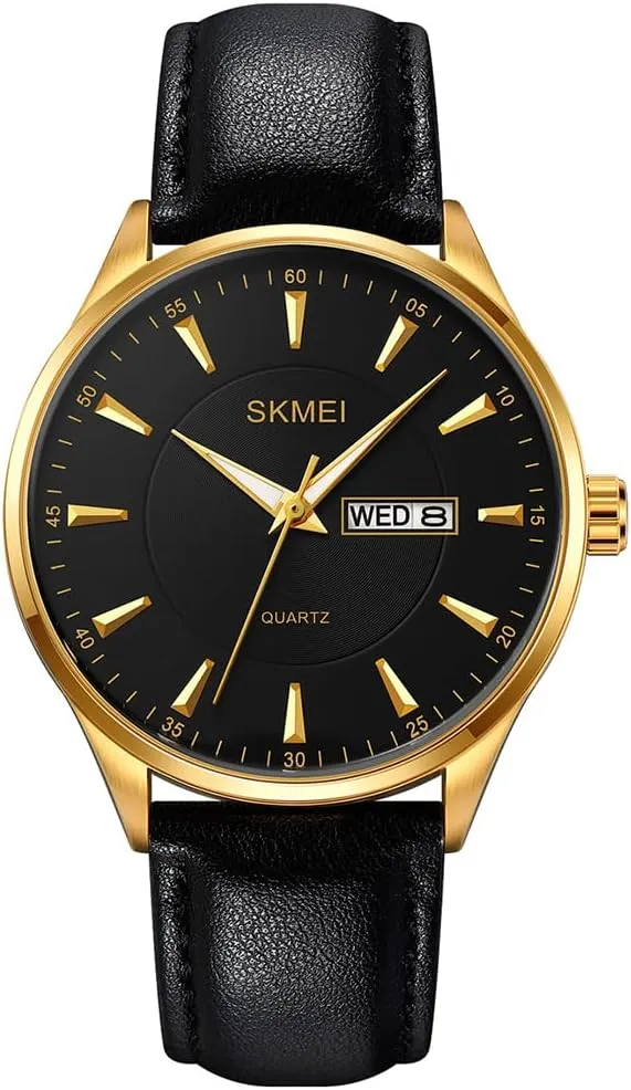 Leather Fashion Business Dress Classic Casual Simple Analog imbalance Waterproof Elegant Dad Fathers Gifts Gold Wrist Watch SKMEI Watches for Men Black 
