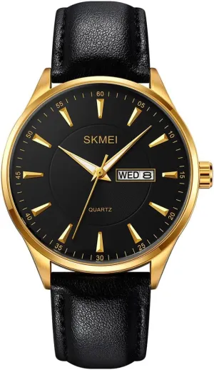 Leather Fashion Business Dress Classic Casual Simple Analog imbalance Waterproof Elegant Dad Fathers Gifts Gold Wrist Watch SKMEI Watches for Men Black 