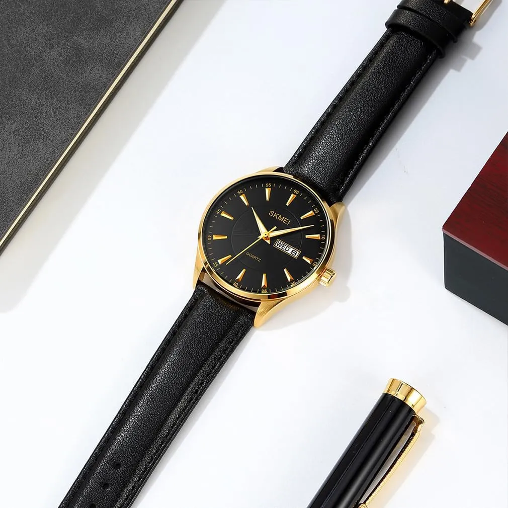 Leather Fashion Business Dress Classic Casual Simple Analog imbalance Waterproof Elegant Dad Fathers Gifts Gold Wrist Watch SKMEI Watches for Men Black 