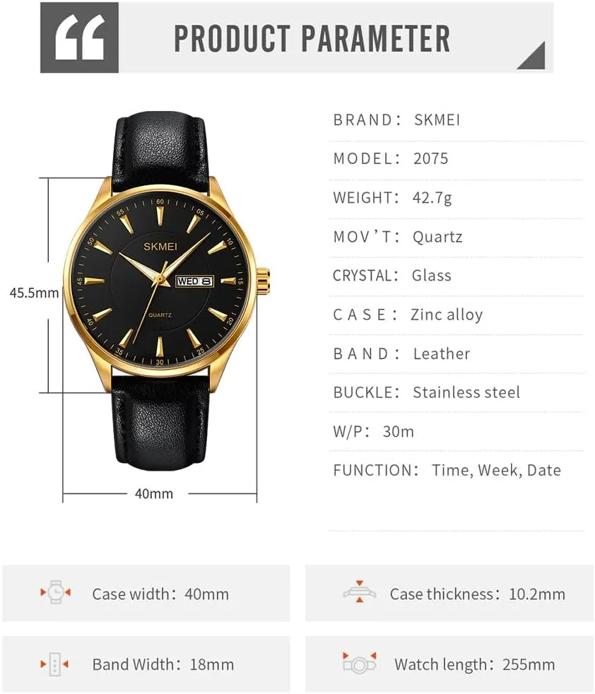 Leather Fashion Business Dress Classic Casual Simple Analog imbalance Waterproof Elegant Dad Fathers Gifts Gold Wrist Watch SKMEI Watches for Men Black 