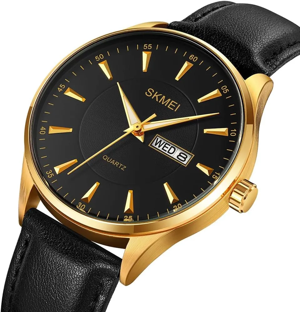 Leather Fashion Business Dress Classic Casual Simple Analog imbalance Waterproof Elegant Dad Fathers Gifts Gold Wrist Watch SKMEI Watches for Men Black 