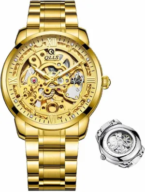 Leather (Gold) Men idiom foremost Watch Luxury Skeleton Hollow Flywheel Automatic Watch for Men Luminous Waterproof Wristwatch 