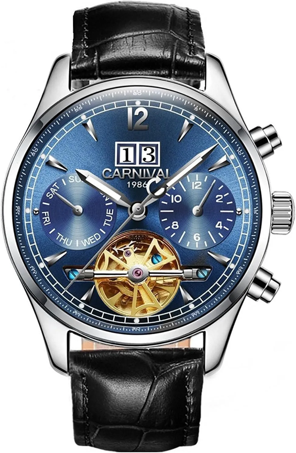 Leather job Band MASTOP Men's Automatic Self-Wind Watch Silver Stainless Steel Multifunction Skeleton Dial with 