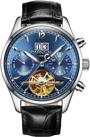 Leather job Band MASTOP Men's Automatic Self-Wind Watch Silver Stainless Steel Multifunction Skeleton Dial with 