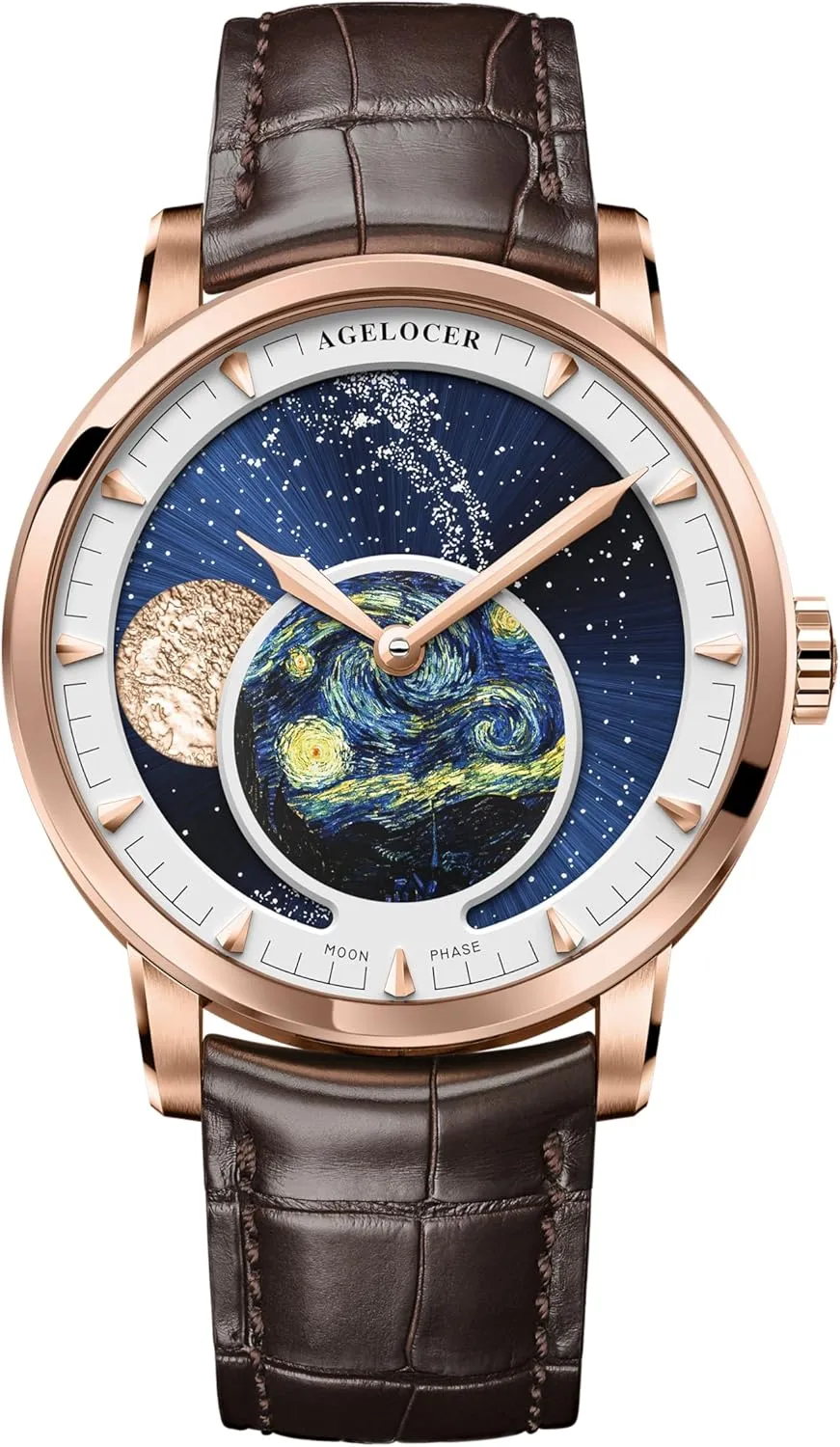 Leather Men's Wrist Watch AGELOCER Luxury Automatic Mechanical Watch, Original Men Watch voyage vivid with 3D Starry Sky Moon Phase Watch Dial Skeleton 