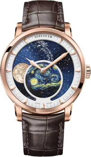 Leather Men's Wrist Watch AGELOCER Luxury Automatic Mechanical Watch, Original Men Watch voyage vivid with 3D Starry Sky Moon Phase Watch Dial Skeleton 