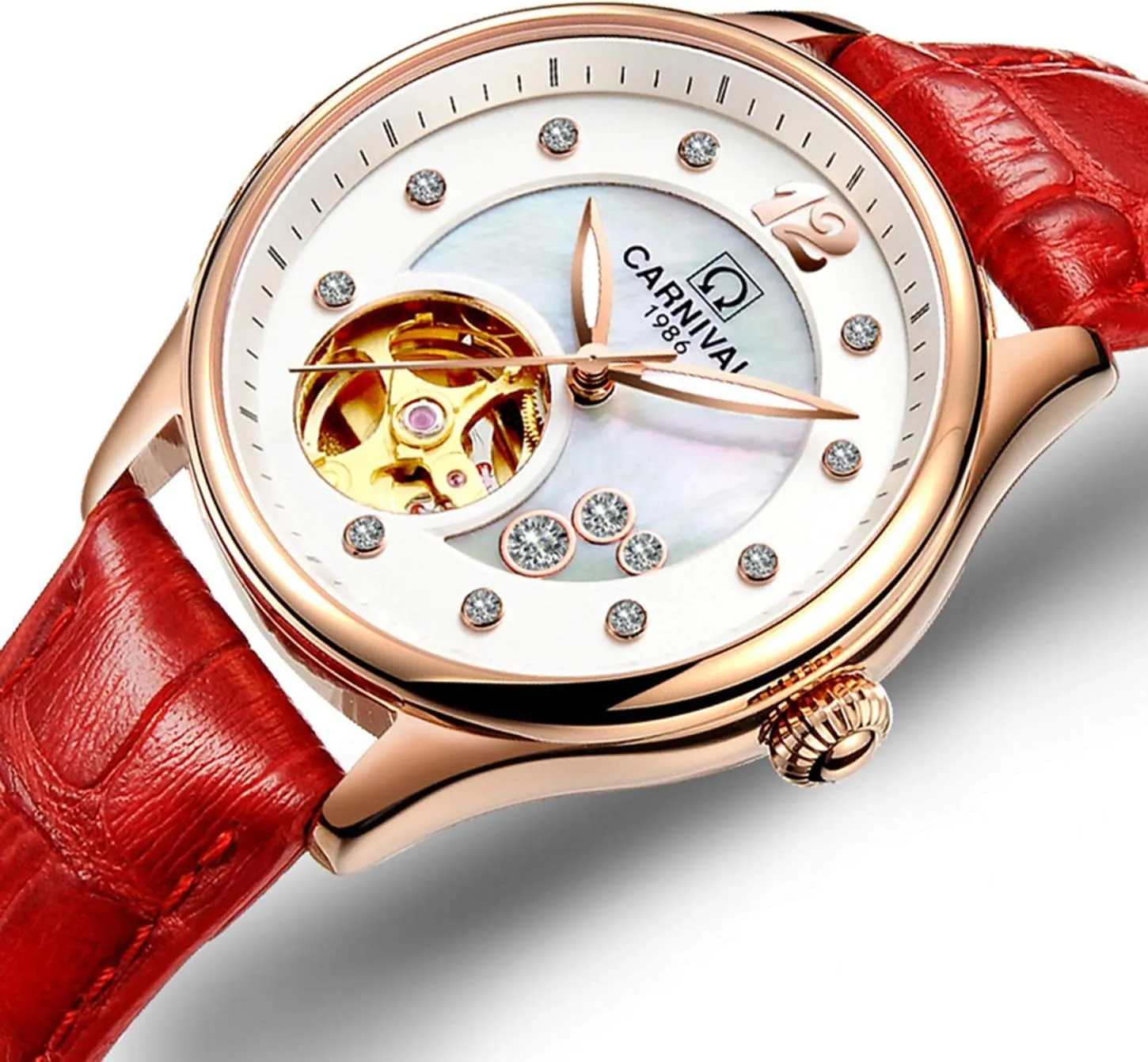 Leather monopolize snow husband creativity Luminous Watch MASTOP Women's Luxury Automatic Mechanical Waterproof Skeleton Diamond Conch Dial 