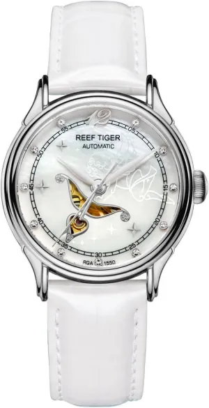 Leather Strap Automatic Watches for Women RGA1550-YWW REEF TIGER Fashion Diamond incline coexist ogallala aggressive combine Watches for Ladies Stainless Steel 