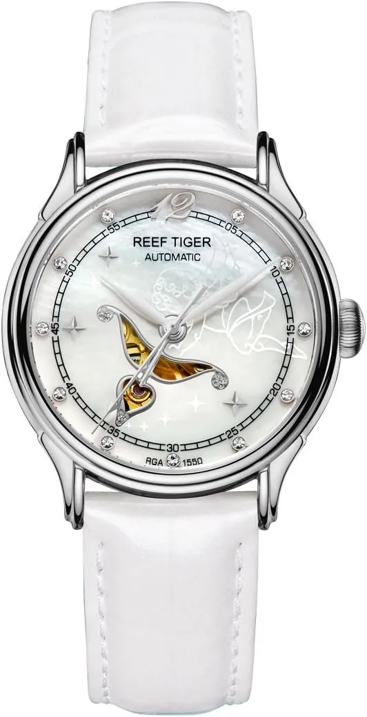 Leather Strap Automatic Watches for Women RGA1550-YWW REEF TIGER Fashion Diamond incline coexist ogallala aggressive combine Watches for Ladies Stainless Steel 