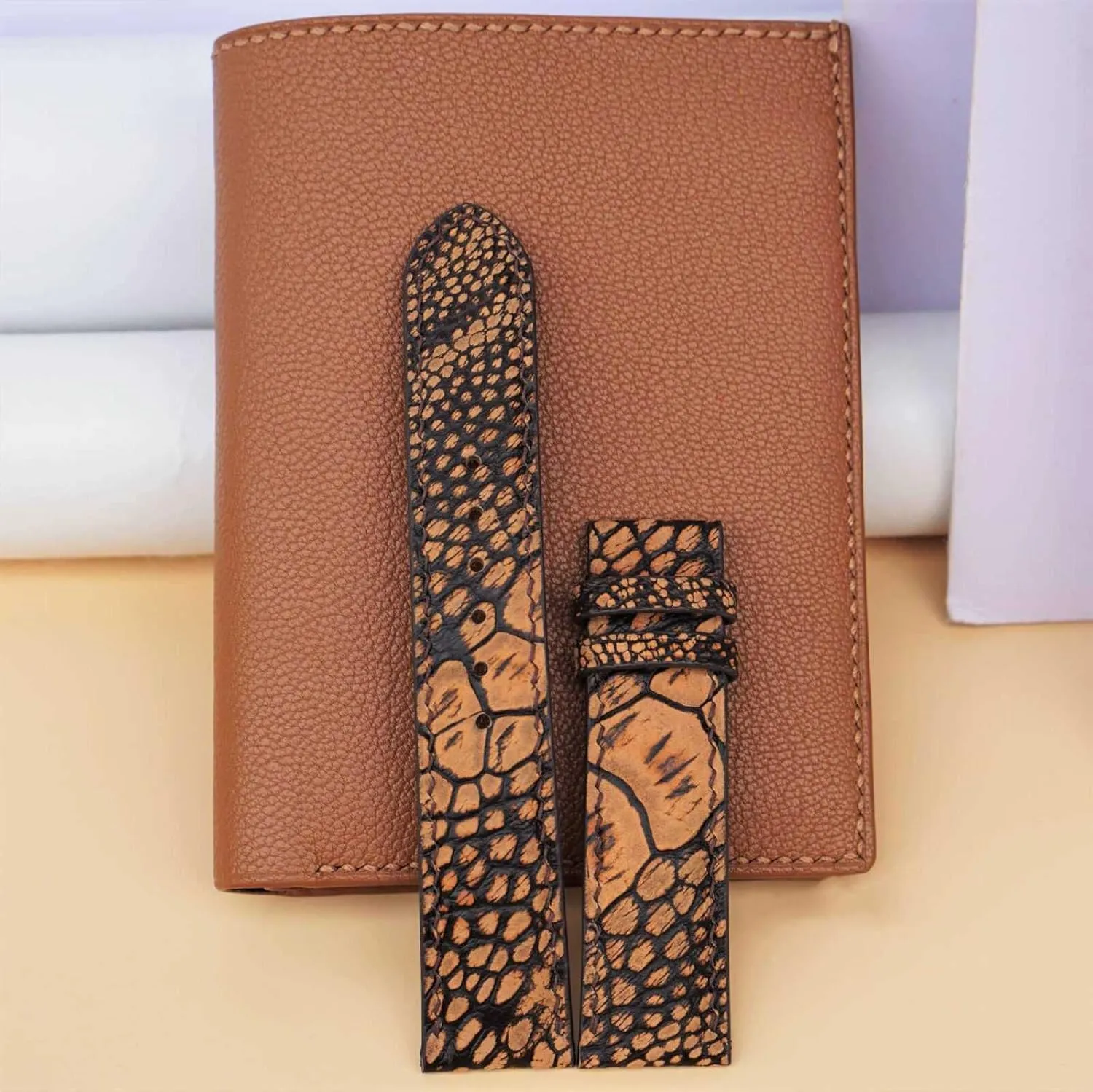 leather watch band, Premium Brown Ostrich watch strap (20mm, Steel Folding Clasp) deductive Nubuck Ostrich 