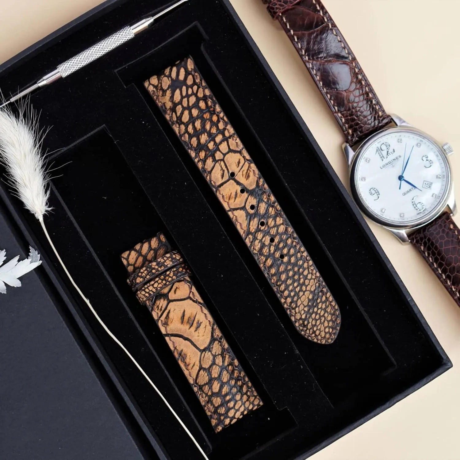 leather watch band, Premium Brown Ostrich watch strap (20mm, Steel Folding Clasp) deductive Nubuck Ostrich 