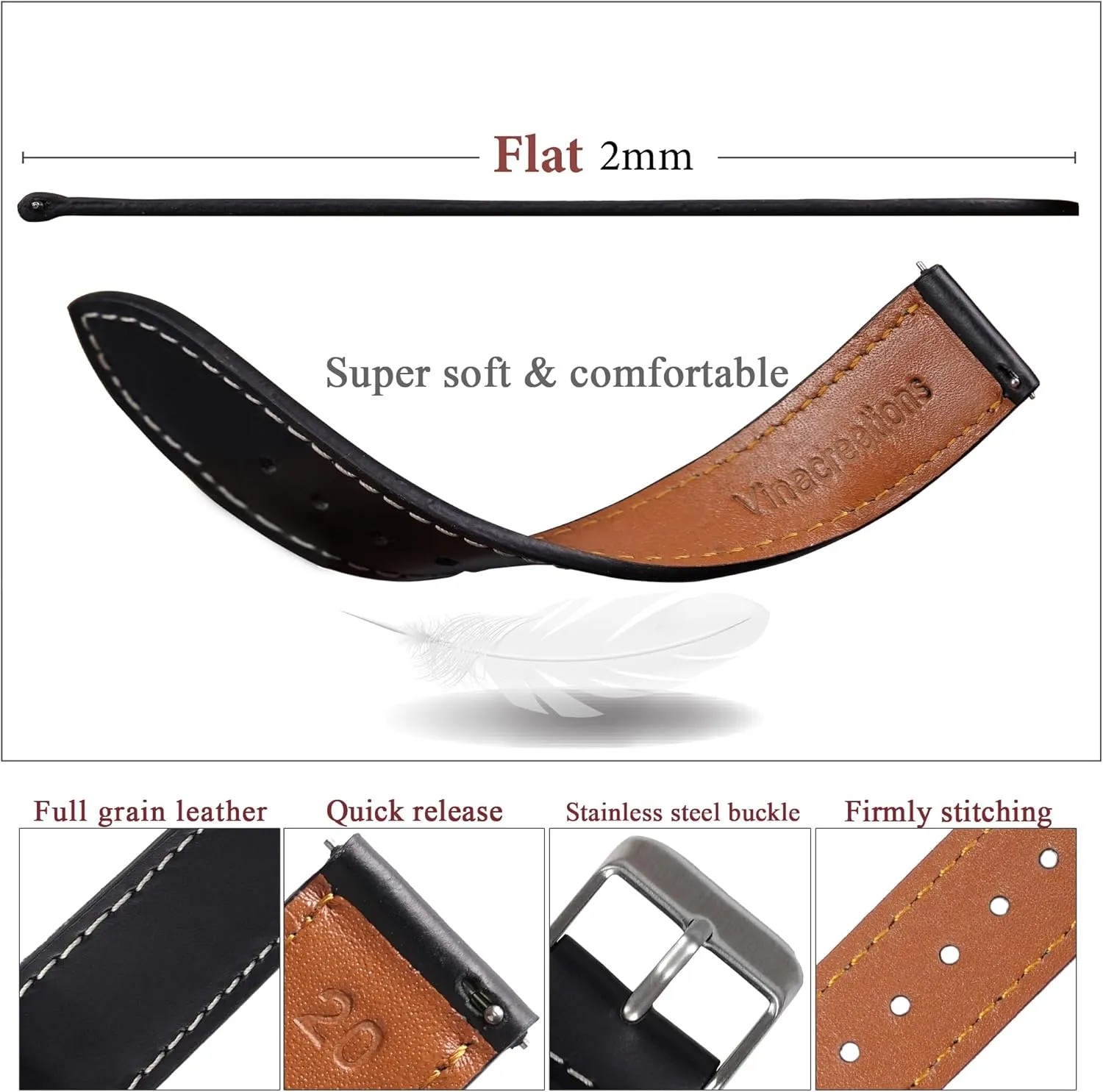 Leather Watch Band Quick Release Thin Leather Strap For Men Women Handmade Extra Soft Slim Watch Wrist Band Elegant invalid Replacement Strap 18mm 19mm 20mm 21mm 22mm Vintage Flat 