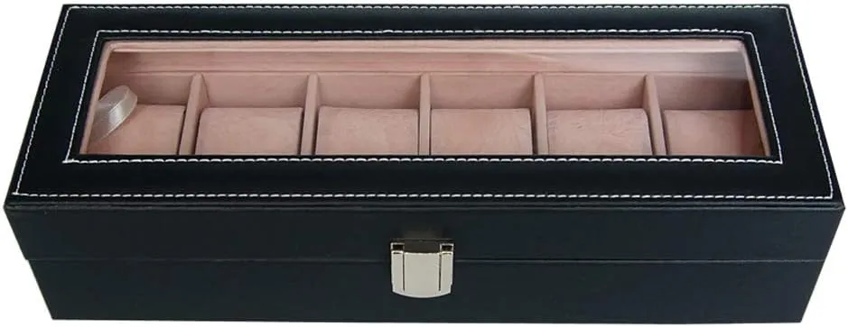 Leather Watch Organizer Case,Watch Holder with Glass Lid,Velvet Lining, Metal Clasp, sty impersonal Premium Watch Display Black 6 Slot Watch Box PU 