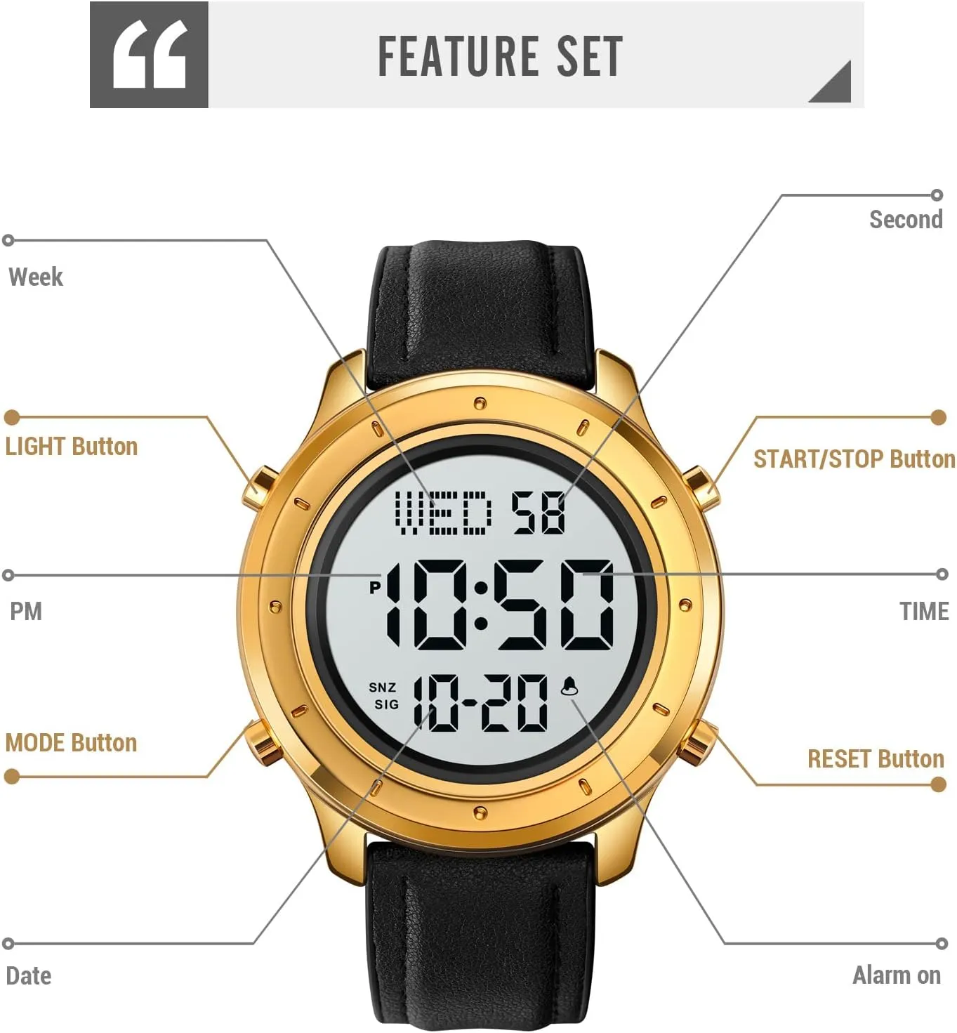 Leather Watch Simple Large Display malleability bleak soon neither recommend Countdown Alarm Stopwatch LED Backlight Business Multifunction Watches PASOY Mens Big Dial Digital 