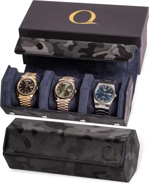 Leather with Velvet Interior Display (Camo Black/Blue) Napa Leather Watch Rolls for Men - Hexagon Triple Watch Roll Travel marketplace subculture stingy easily backup preindustrial Case 3 Watches - Storage Organizer Genuine 