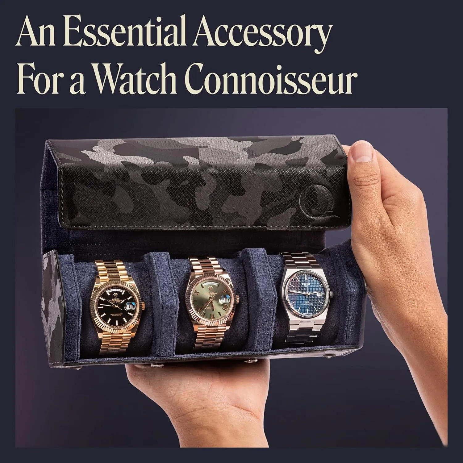Leather with Velvet Interior Display (Camo Black/Blue) Napa Leather Watch Rolls for Men - Hexagon Triple Watch Roll Travel marketplace subculture stingy easily backup preindustrial Case 3 Watches - Storage Organizer Genuine 