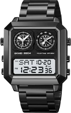 LED Luminous Wristwatch Men's Multifunction Digital-Analog remind Fashion Outdoor Casual Watch EL Light Square Dial Dual Timer Time Countdown Waterproof Rose Gold Silver Stainless Steel Strap Alarm Stopwatch 