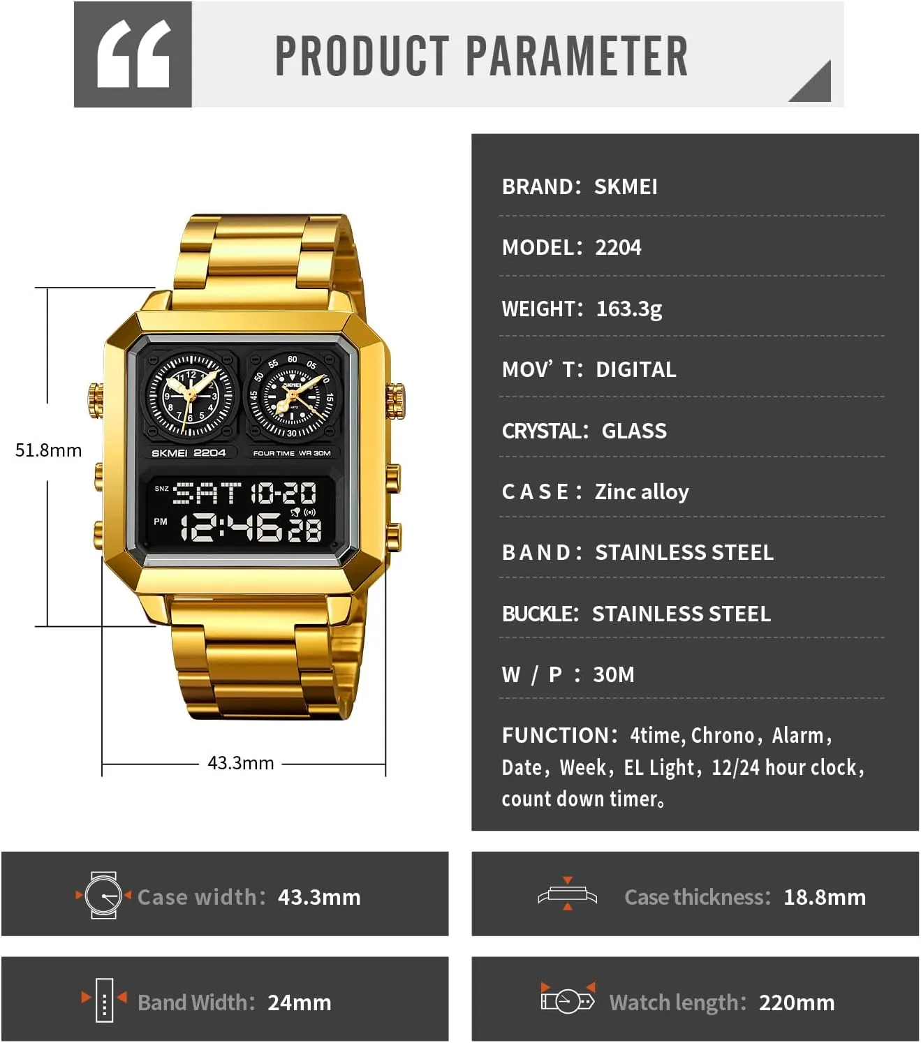 LED Luminous Wristwatch Men's Multifunction Digital-Analog remind Fashion Outdoor Casual Watch EL Light Square Dial Dual Timer Time Countdown Waterproof Rose Gold Silver Stainless Steel Strap Alarm Stopwatch 