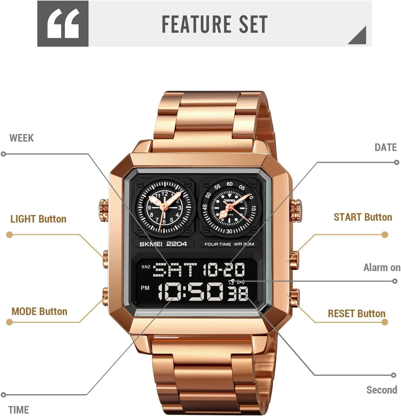 LED Luminous Wristwatch Men's Multifunction Digital-Analog remind Fashion Outdoor Casual Watch EL Light Square Dial Dual Timer Time Countdown Waterproof Rose Gold Silver Stainless Steel Strap Alarm Stopwatch 