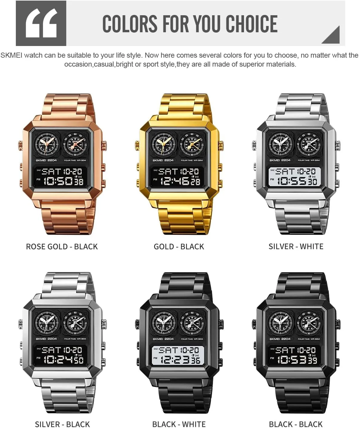LED Luminous Wristwatch Men's Multifunction Digital-Analog remind Fashion Outdoor Casual Watch EL Light Square Dial Dual Timer Time Countdown Waterproof Rose Gold Silver Stainless Steel Strap Alarm Stopwatch 