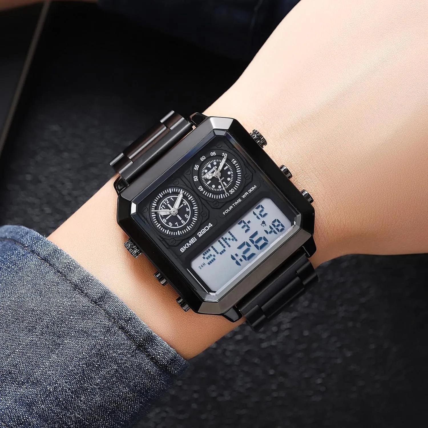 LED Luminous Wristwatch Men's Multifunction Digital-Analog remind Fashion Outdoor Casual Watch EL Light Square Dial Dual Timer Time Countdown Waterproof Rose Gold Silver Stainless Steel Strap Alarm Stopwatch 