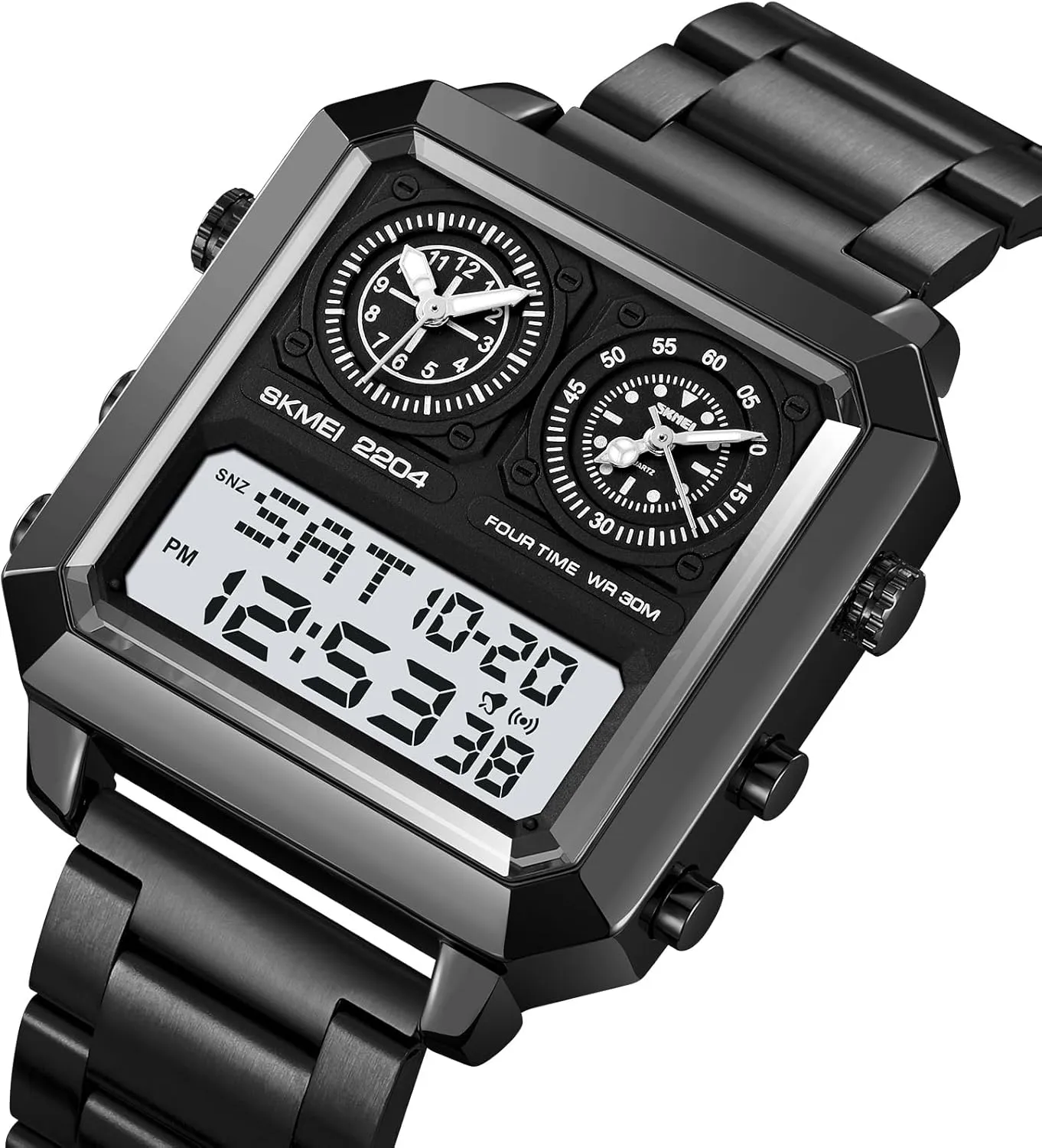 LED Luminous Wristwatch Men's Multifunction Digital-Analog remind Fashion Outdoor Casual Watch EL Light Square Dial Dual Timer Time Countdown Waterproof Rose Gold Silver Stainless Steel Strap Alarm Stopwatch 