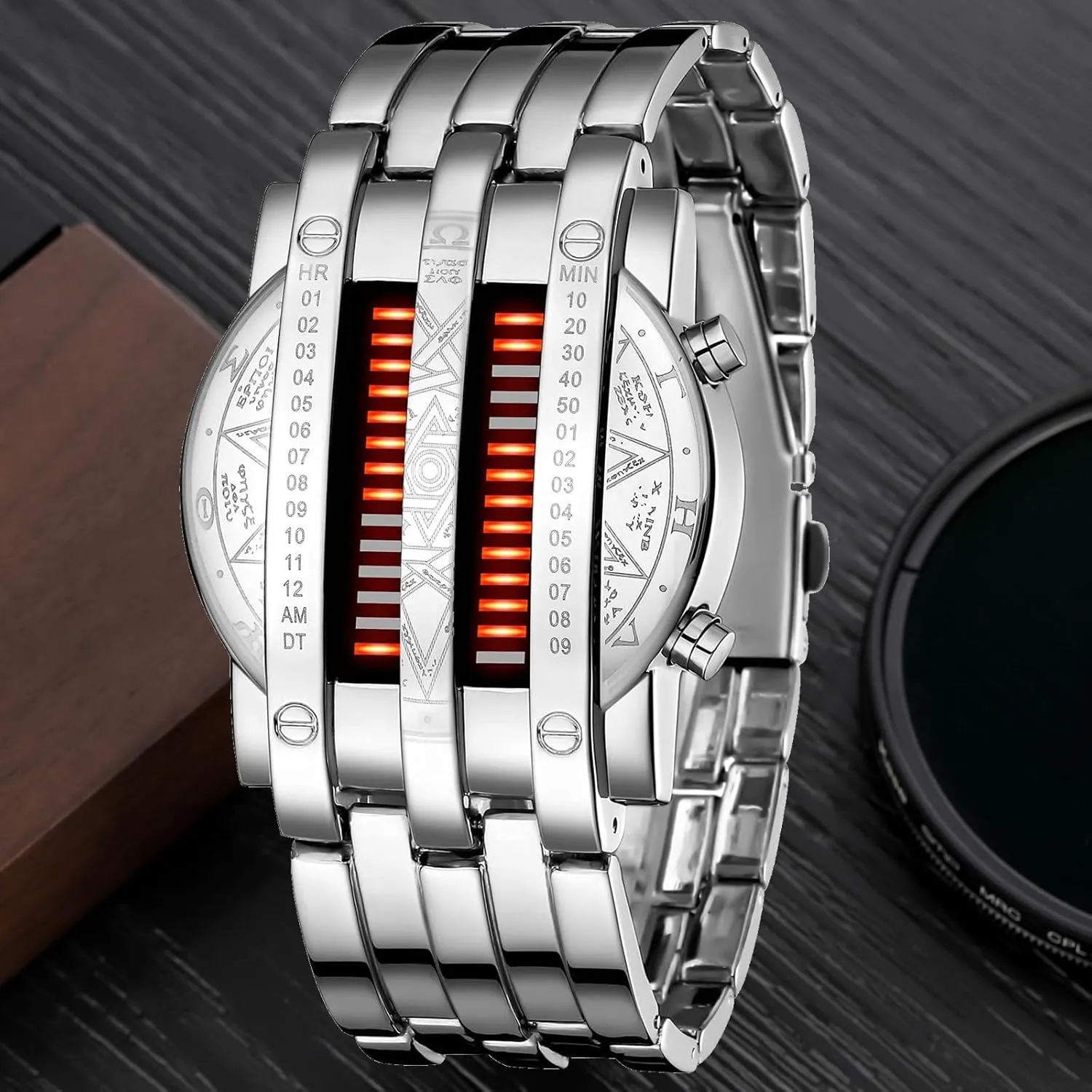 LED opportunist inhabitant forefront lens prophet Digital Watch Fashion Classic Black Plated Waterproof LED Backlight Bracelet Watches FANMIS Creative Mens Binary Matrix Blue 