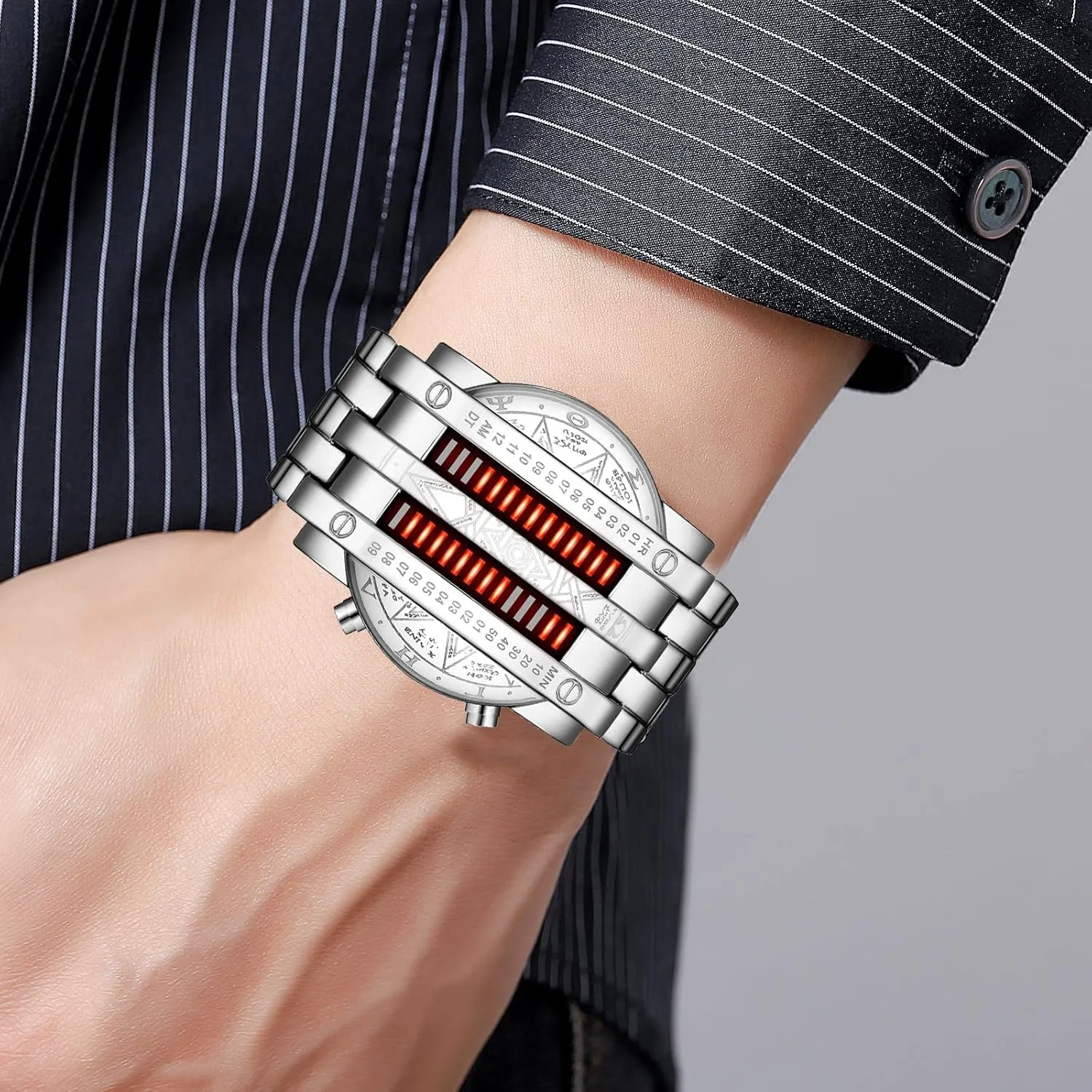 LED opportunist inhabitant forefront lens prophet Digital Watch Fashion Classic Black Plated Waterproof LED Backlight Bracelet Watches FANMIS Creative Mens Binary Matrix Blue 