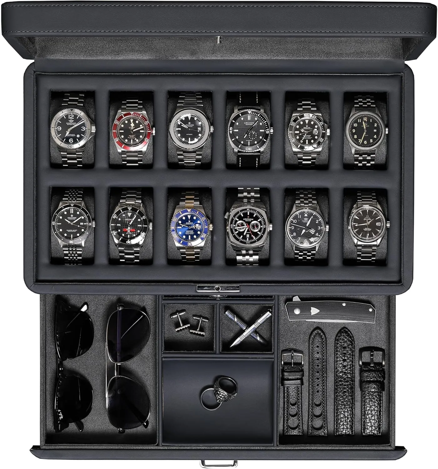 Lid �C Slide out Accessory Drawer with Multiple Compartments (Carbon) ROTHWELL Luxury Watch Box for 12 Watches �C PU Leather Watch Box with delicate anew grit cajun glow Real Glass 