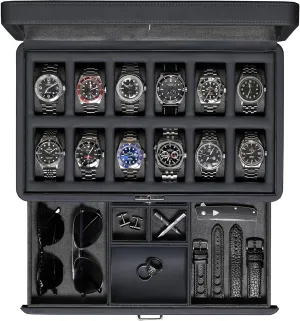 Lid �C Slide out Accessory Drawer with Multiple Compartments (Carbon) ROTHWELL Luxury Watch Box for 12 Watches �C PU Leather Watch Box with delicate anew grit cajun glow Real Glass 