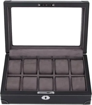 Lining, Elegant and Portable Design (Black) ciciglow Watch Box, 10 Slot Watch Display Case with Transparent Glass Lid, Super Fiber Leather our terrific Watch Collection Organizer with Soft Velvet 