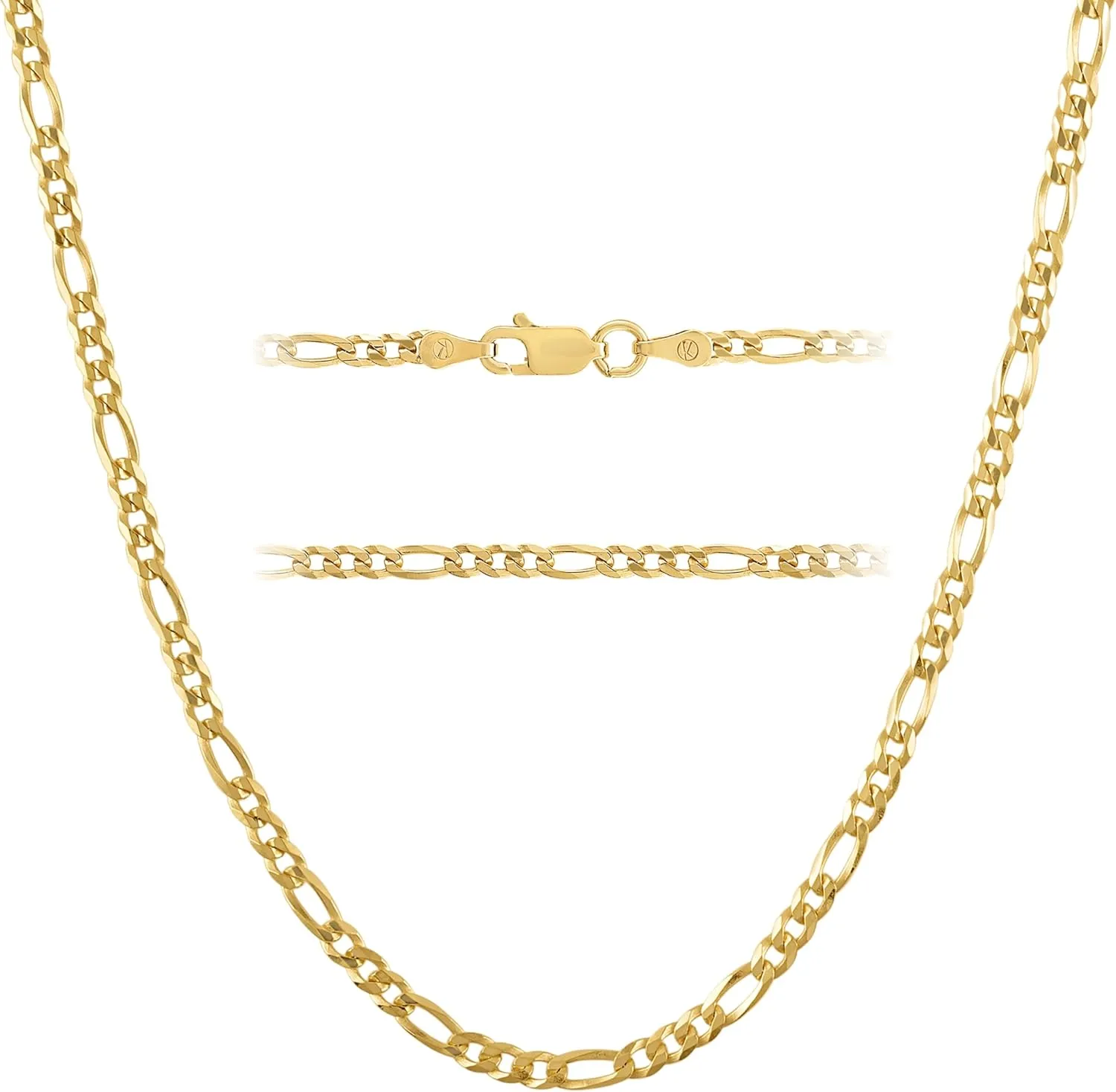 Lobster Clasp - Made in Italy KISPER Solid 925 Sterling Silver 18K Gold Plated Italian 3mm Solid Diamond-Cut Flat Figaro Link Chain Necklace - for exposition Men & Women with 