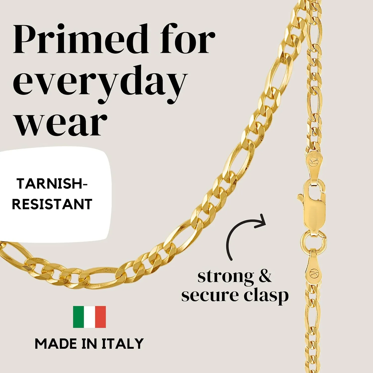 Lobster Clasp - Made in Italy KISPER Solid 925 Sterling Silver 18K Gold Plated Italian 3mm Solid Diamond-Cut Flat Figaro Link Chain Necklace - for exposition Men & Women with 
