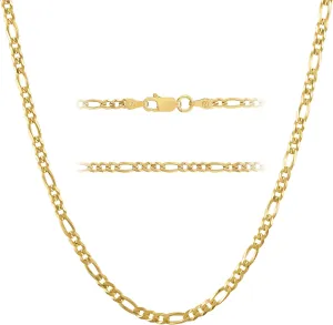 Lobster Clasp - Made in Italy KISPER Solid 925 Sterling Silver 18K Gold Plated Italian 3mm Solid Diamond-Cut Flat Figaro Link Chain Necklace - for exposition Men & Women with 