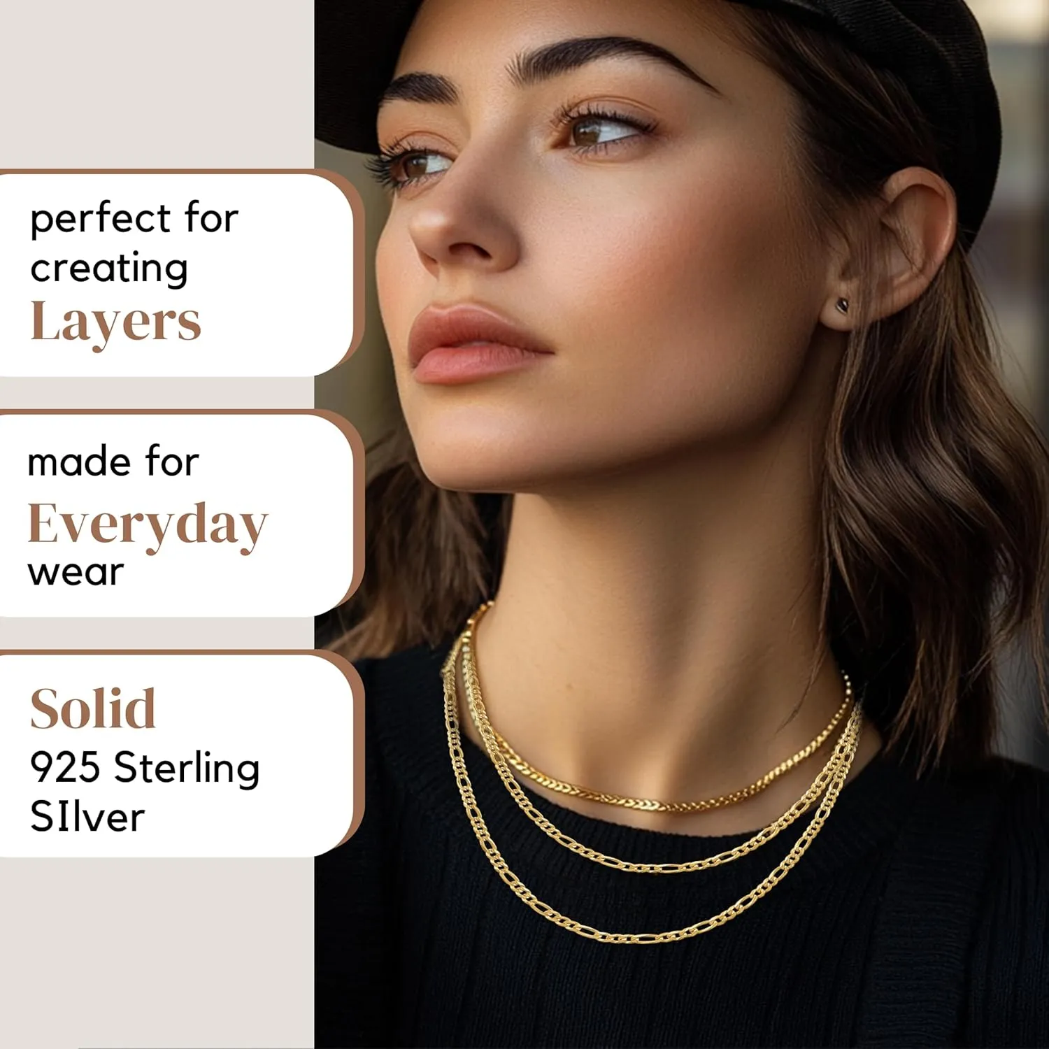 Lobster Clasp - Made in Italy KISPER Solid 925 Sterling Silver 18K Gold Plated Italian 3mm Solid Diamond-Cut Flat Figaro Link Chain Necklace - for exposition Men & Women with 