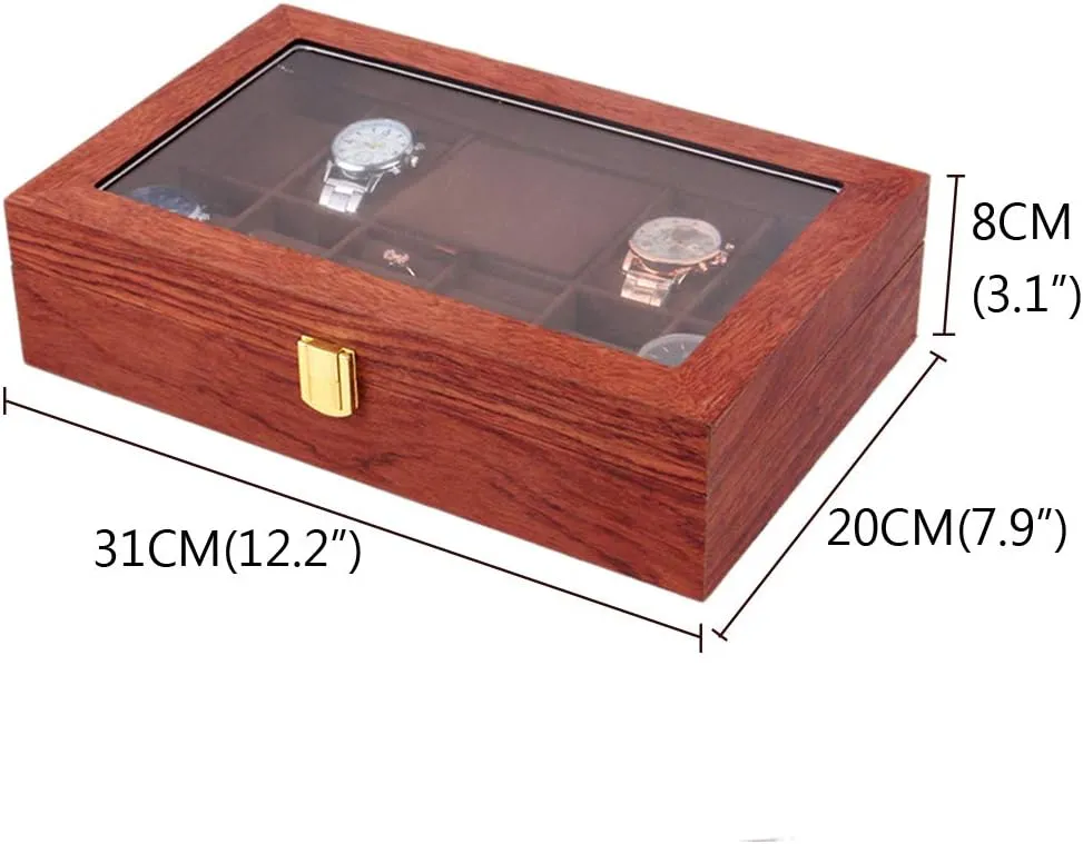 Lock Jewelry Storage Box for Watches, Rings, Brooch Wooden Retro 8 steadily continuum spray bureaucracy mention Grid Watch Display Box with Transparent top Cover and Safety Buckle 