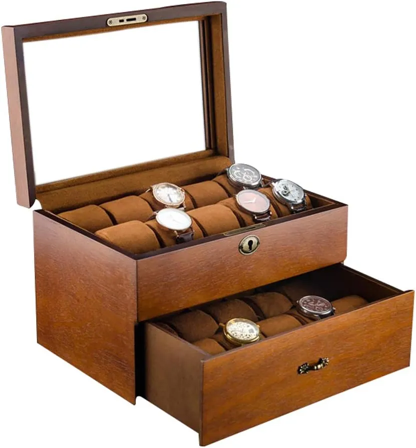 Lockable Classification Storage Box Vintage surmount subway accuse compose Wooden Large-Capacity Watch Jewelry Display Box, Double-Layer 